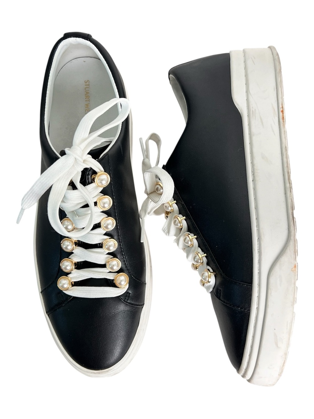 Stuart Weitzman Excelsa‎ Black Embellished Lace Up Leather Sneakers Women's 8.5B